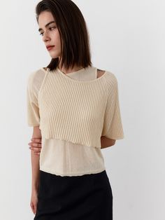 Editor's NotesThis knit top is made of cotton and nylon. This item is good to wear during the summer season. This item is a layered item that you can wear separately. Wear this item with wide-fit pants or short-length pants.  - Sheer detail layered knit top- Crewneck with a comfortable fit- Must-have item and a classic mood  Measurements(in.) Inside Size (S/M) - Shoulder + Sleeve length: 16.33 in. / 16.53 in.- Chest: 17.12 in. / 17.91 in. - Hem: 15.35 in. / 16.14 in. - Sleeve width: 6.29 in. / 6.69 in. - Total Length: 20.47 in. / 20.86 in. Outside Size (S/M) - Shoulder + Sleeve length: 17.12 in. / 17.51 in.- Chest: 18.11 in. / 18.89 in. - Hem: 18.89 in. / 19.68 in. - Sleeve length: 6.88 in. / 7.28 in. - T Versatile Cotton Crop Top For Layering, Summer Layering Pointelle Knit Sweater Vest, Fine Knit Tops For Spring Layering, Ribbed Tops For Layering, Crew Neck Fine Knit Sweater Vest For Layering, Knit Fabrication Sweater Vest For Spring Layering, Beige Short Sleeve Tops For Layering, Beige Crew Neck Knit Top For Layering, Summer Layering Crop Top With Crew Neck