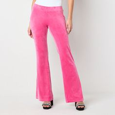 With these Juicy By Juicy Couture women's and junior's flare-leg track pants, you'll feel like the queen of chic off-duty style. Made from soft velour, they feature a relaxed loose-fit, a mid-rise, and the word "Juicy" embellished on the back. Pair it with the matching sweatshirt from the collection.Front Style: Flat FrontClosure Type: Pull OnFit: Loose FitRise: Mid RiseFiber Content: 95% Polyester, 5% SpandexFabric Description: VelourInseam: 32 1/2 InLeg Style: Flare LegCare: Machine Wash, Tumb Casual Pink Wide Leg Flare Pants, Casual Pink Flare Wide Leg Pants, Pink Flare Pants For Loungewear, Pink Flare Lounge Pants, Trendy Flare Pants For Loungewear, Casual Fitted Flares Trousers, Fitted Wide Leg Sweatpants For Spring, Trendy Fitted Straight Sweatpants, Fitted Wide-leg Sweatpants For Spring