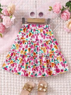 Young Girl's Elastic Waist Floral Printed Asymmetrical Skirt With Ruffled Hem Multicolor Boho   Woven Fabric Floral,Plants Layered/Tiered Non-Stretch  Young Girls Clothing, size features are:Bust: ,Length: ,Sleeve Length: Girls Skirts, Asymmetrical Skirt, Fabric Floral, Floral Printed, Girls Clothing, Eos, All Over Print, All Fashion, Woven Fabric