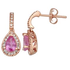 Crafted from 14k gold, and adorned with pear-cut pink sapphires and diamond accents, these teardrop earrings offer an elegant look you'll love. Crafted from 14k gold, and adorned with pear-cut pink sapphires and diamond accents, these teardrop earrings offer an elegant look you'll love. Length: 5/8 in. Backings: post Metal: 14k gold Plating: rhodium Finish: polished Packaging: boxed STONE DETAILS Stone type: pink sapphire Center stone size: 6 mm x 4 mm Shape: pear Setting: prong DIAMOND DETAILS Pink Teardrop Jewelry With Prong Setting, Pink Teardrop Jewelry With Halo Setting, Pink Diamond Teardrop Earrings, Pink Teardrop Diamond Earrings, Pink Teardrop Earrings With Prong Setting, Fine Jewelry Pink Teardrop Earrings, Post Metal, Rose Gold Pink, Pear Cut