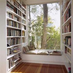 Small window seat and loads of book shelves for a nook of reading and creativity. I like this idea and very do-able Reading Bench, Business Meme, Cozy Window Seat, Window Seat Design, Window Benches, Reading Area, Parenting Ideas, Reading Nooks