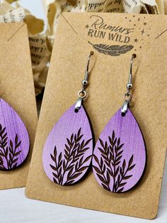 Woodburned Earrings, Unique Hand Painted Purple Earrings, Wooden Handpainted Earrings, Laser Earrings, Wood Earrings Plant, Purple Earring, Nature-inspired Natural Wood Earrings For Gift, Wooden Leaf, Cricut Earrings