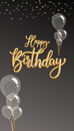 a birthday card with gold foil balloons and stars in the sky, on a black background