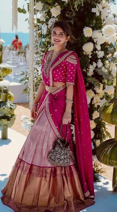 Celebrity Lehenga Designs, Half Sarees For Women, Pink Langa Voni, Half Saree Lehenga Wedding, Half Saree Lehenga Langa Voni, Half Saree For Engagement, Half Saree Designs South Indian, Half Saree Blouse Designs, Traditional Half Saree Designs