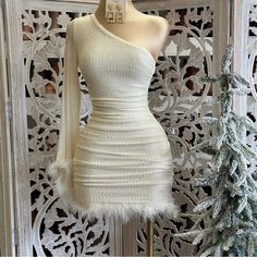 Very Tight, Very Beautiful Thought. Never Worn Glamorous White Sequined Bodycon Dress, White Fitted Mini Dress With Feathers, Feather Dress, Dress First, Tights, White Dress, Womens Dresses, White, Dresses