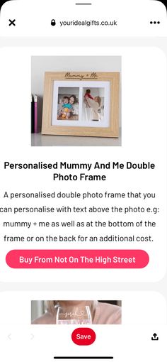 an iphone screenshot with the text personalised mommy and me double photo frame