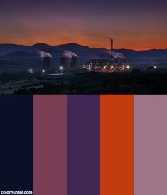 an image of a factory at night with the colors purple, red, and orange