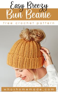 pinterest pin for the easy breezy bun beanie crochet pattrn by The Turtle Trunk Free Crochet Ponytail Beanie, Beanie With Ponytail Hole Free Pattern, Messy Bun Crochet Hat Pattern Free Easy, Crochet Bun Hat Pattern Free, Crochet Beanie Ponytail Hole Pattern, Bun Crochet Hat Pattern Free, Messy Bun Hats Free Patterns, Bun Beanie Crochet Patterns, Messy Bun Crochet Hat Pattern Free With Hair Tie