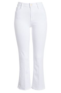 Made from premium denim with a hint of stretch, these cropped jeans offer an updated take on the '70s trend with a contoured waist and slightly flared legs. Style Name:Frame Le Crop Mini Bootcut Jeans. Style Number: 5772940. Fitted Cropped Leg Flare Jeans, Classic Flare Jeans For Spring, Trendy Cropped Stretch Flare Jeans, Chic Mid-rise Flares With Five Pockets, Chic Flare Jeans With Flared Hem For Summer, Chic Stretch Flares With Five Pockets, Chic Flare Jeans For Summer, Chic Flare Cropped Jeans With Five Pockets, Chic Flared Cropped Jeans