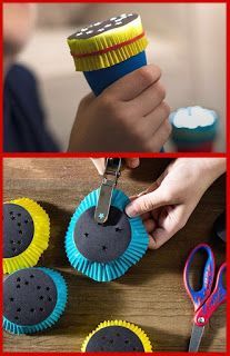 the collage shows how to make cupcakes with paper plates and scissors for decoration