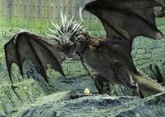 a large dragon with spikes on its head and wings is flying over a stone wall