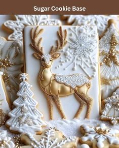 sugar cookies decorated with gold and white frosting are arranged in the shape of deers