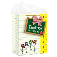 thank you for helping me grow gift bag with ribbon and chalkboard on the front