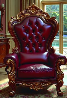 a red leather chair sitting in front of a window