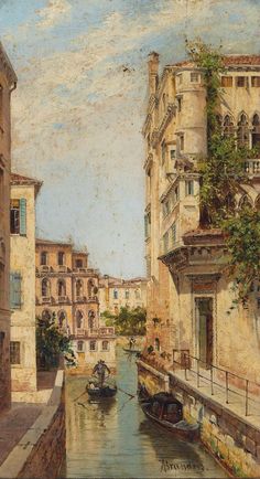 a painting of boats on a river in front of buildings