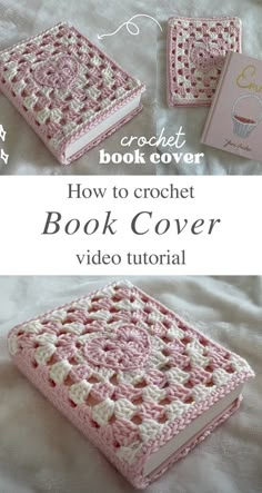 the crochet book cover is shown with instructions to make it