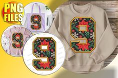 two christmas sweaters with the number nine on them and an ornament design