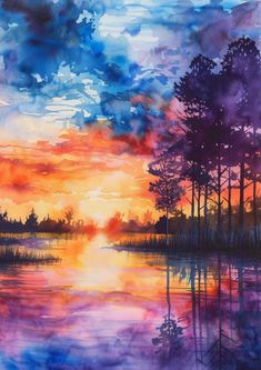 a painting of trees and water at sunset