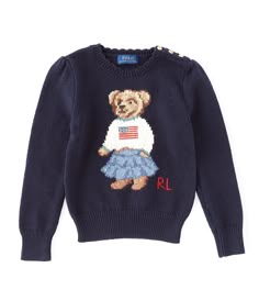 From Polo Ralph Lauren&#x2C; this sweater features:Rib-knit round necklinePuffed long sleeves with rib-knit cuffsThree-button placket at the left shoulderRL and bear embroidered at the frontRib-knit hemCotton/Nylon/ElastaneMachine washImported. Oversized Tshirt Outfit, Bear Flag, Flag Sweater, Puffed Long Sleeves, Bear Sweater, Girls Jumpers, Cotton Jumper, Ralph Lauren Kids, Polo Bear