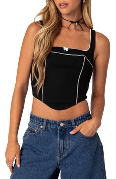 The sultry allure of a corset meets the stretchy softness of a tank in a contrast-piped top detailed with a flirty bow centering the square neck. Square neck 95% polyester, 5% spandex Machine wash, dry flat Imported The Square, Square Neck, Nordstrom, Square, Black