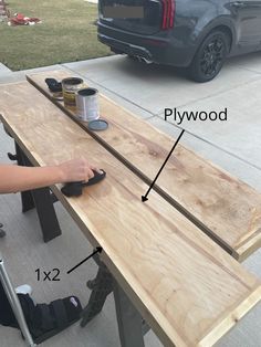 a person using a sanding tool on a wooden table with measurements for the planks