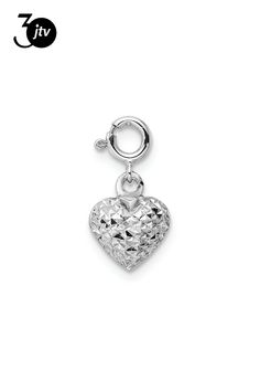 Rhodium over 14k white gold diamond-cut heart spring ring pendant. Measures approximately 7/16"L x 5/16"W and has a 0.99mm bail. Sterling Silver Heart Jewelry With Charms, White Fine Jewelry With Heart Charm, Diamond-shaped White Gold Sterling Silver Jewelry, Fine Jewelry With Heart Shaped Diamond Cut, Fine Jewelry Heart-shaped Diamond Cut, White Gold Heart Pendant Jewelry With Polished Finish, Fine Jewelry Heart Shaped Diamond Cut, Diamond-shaped Sterling Silver Jewelry In White Gold, White Gold Pendant Charms For Anniversary