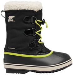 DESIGN: Removable 9 mm washable recycled felt inner boot with Sherpa pile snow cuff 2.5 mm bonded felt frost plug Waterproof nylon upper Seam-sealed waterproof construction Laces are not waterproof DURABILITY & TRACTION: Handcrafted waterproof vulcanized rubber shell with Sorel aero-trac non-loading outsole Outdoor Boots, Kids Boots, Brand You, Kid Shoes, Cold Weather, Kids Shoes, Fun Sports, Felt, Size 7