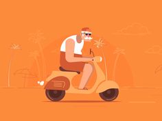 a man riding on the back of a scooter with palm trees in the background