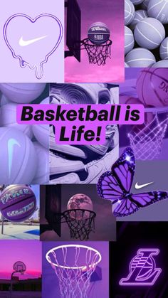 the words basketball is a life surrounded by images of different sports equipment and objects in purple