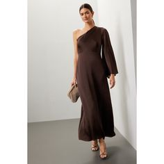 Brown (100% Polyester). Gown. Long sleeve. One shoulder. Side zipper closure. 60" from shoulder to hemline. Imported. Elegant One Shoulder Dress With Side Zipper For Evening, Elegant Evening One Shoulder Dress With Side Zipper, Elegant One Shoulder Evening Dress With Side Zipper, Formal Off-shoulder Midi Dress For Fall, Spring Off-shoulder Maxi Dress For Dinner, One-shoulder Maxi Dress For Fall Night Out, One Shoulder Maxi Dress For Fall Night Out, Fall Off-shoulder Evening Maxi Dress, Fall Off-shoulder Maxi Dress For Evening