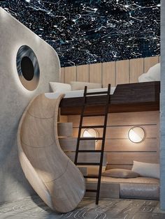 the interior of a bedroom with a slide in it's center, and a sleeping area on the other side