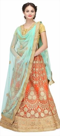 Orange color Lehenga in Net fabric with Lace, Stone, Thread work Orange Chanderi Dupatta For Reception, Orange Art Silk Lehenga For Wedding, Orange Lehenga With Sheer Dupatta, Orange Floor-length Lehenga With Sheer Dupatta, Orange Floor-length Dupatta For Wedding, Orange Floor-length Wedding Dupatta, Orange Wedding Salwar Kameez With Pallu, Orange Art Silk Sharara For Wedding, Orange Salwar Kameez With Pallu For Wedding