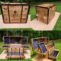 several different types of wooden boxes in the grass and on the ground, with pictures of them