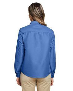 Ladies' Key West Long-Sleeve Performance Staff Shirt - POOL BLUE - 3XL | Harriton Women's Key West Long-Sleeve Performance Staff Shirt in Pool Blue Size 3XL | Polyester Collared Slim Fit Tops With Pockets, Slim Fit Collared Top With Pockets, Slim Fit Solid Top With Pockets, Classic Slim Fit Tops With Pockets, Casual Long Sleeve Slim Fit Blouse, Fitted Long Sleeve Tops With Pockets, Fitted Long Sleeve Blouse With Pockets, Fitted Blouse With Shirttail Hem, Relaxed Fit Long Sleeve Tops For Work