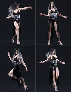 four different shots of a woman dressed in black and silver clothing with her arms outstretched