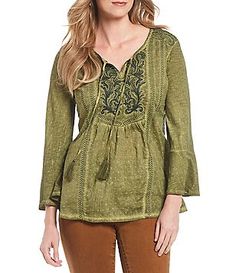 Reba Over Dyed Bell Sleeve Embroidered Top Green Long Sleeve Tops With Embroidered Neckline, Green Long Sleeve Top With Embroidered Neckline, Fall Embroidered V-neck Peasant Top, Embroidered V-neck Peasant Top For Fall, Fall Green V-neck Peasant Top, Bohemian 3/4 Sleeve Fall Tops, Bohemian 3/4 Sleeve Tops For Fall, Green V-neck Peasant Top For Fall, Fall Floral Embroidery Long Sleeve Tunic