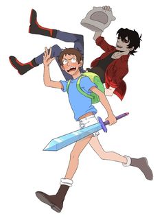 two cartoon characters with one holding a knife and the other carrying an object in his hand