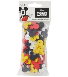 mickey mouse buttons in a package on a white background with black, yellow and red colors