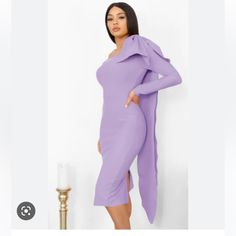 Venus Lavender Purple Dress With Bell Sleeves Size Medium Purple Sheath Bodycon Dress For Evening, Purple Sheath Bodycon Evening Dress, Purple Fitted One-shoulder Dress, Lavender Long Sleeve Midi Dress For Summer, Fitted One-shoulder Purple Dress, Spring Evening Mauve Midi Dress, Purple Knee-length Mini Dress For Brunch, Purple Long Sleeve Midi Dress For Evening, Purple Knee-length Bodycon Dress For Evening