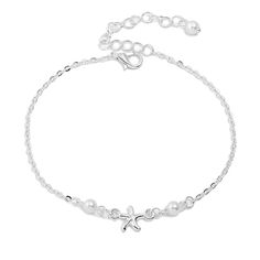 From barefoot strides to sunny-day soirees, lend some shimmer to your step with this luscious silver?plated anklet sporting a coastal design. 7.09'' L with 3.15'' extender Lobster claw clasp Silver?plated copper / imitation pearl Adjustable Silver Anklets For Beach Season, Silver Jewelry With Starfish Charm For Summer, Silver Anklets With Starfish Charm For Beach, Silver Starfish Charm Jewelry For Summer, Elegant Silver Jewelry For Beach Season, Crystal Barefoot Sandals, Western Fashion Jewelry, Starfish Anklets, Charm Anklet