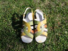 you'll love these groovy mulit-colored vintage slingback sandals - sz 7.5 - runs narrow - yellow, orange, green & white Retro Closed Toe Sandals For Spring, Yellow Closed Toe Slingback Sandals For Spring, Vintage White Sandals For Spring, Multicolor Slingback Sandals For Summer, Yellow Slingback Sandals With Removable Insole, Retro Slingback Sandals For Spring, Orange Slingback Sandals For Spring, Orange Slingback Heels For Summer, Yellow Slingback Heels For Summer