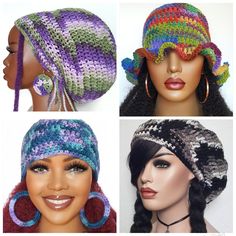 three different types of crochet hats on mannequins, one with ear rings