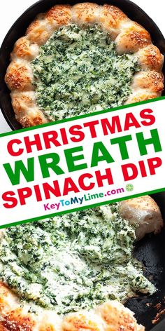 christmas wreath spinach dip in a cast iron skillet with the title overlay