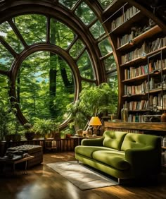 a living room filled with lots of books and furniture next to a large round window