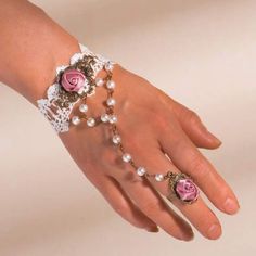 Pink Pearl Wedding Jewelry, Pink Wedding Accessories, Heavenly Virtues, Tatting Bracelet, Bridal Cuff Bracelet, Angel Accessories, Lace Cuff Bracelet, Rose Accessories, Shuttle Tatting