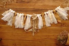 an assortment of laces and burlocks hanging on a wooden wall next to a potted plant