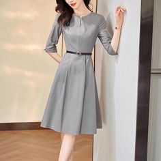 Elegant Women Half Sleeve Belted A-Line Business Workwear Knee Dress Skirt Luxury Mid-length Office Dresses, Short Maxi Dress, Dress Women Elegant, Minimalist Dresses, Knee Dress, Waist Dress, Types Of Skirts, Half Sleeve, Gray Dress