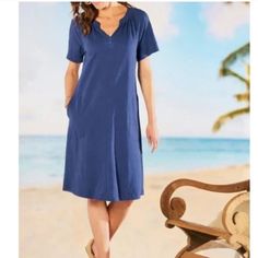 Short Sleeve Stretch Cotton Dress In Blue Indigo New, Never Been Worn A7 Blue Split Neck Beach Dress, Blue Split Neck Dress For Daywear, Soft Surroundings Dresses, Soft Surroundings, Cotton Dress, Cotton Dresses, Stretch Cotton, Blue Dresses, Womens Dresses