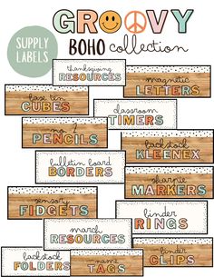 the groovy boho collection includes labels and other items to help students learn how to