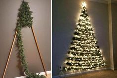 a christmas tree is decorated with lights and greenery in the shape of a triangle